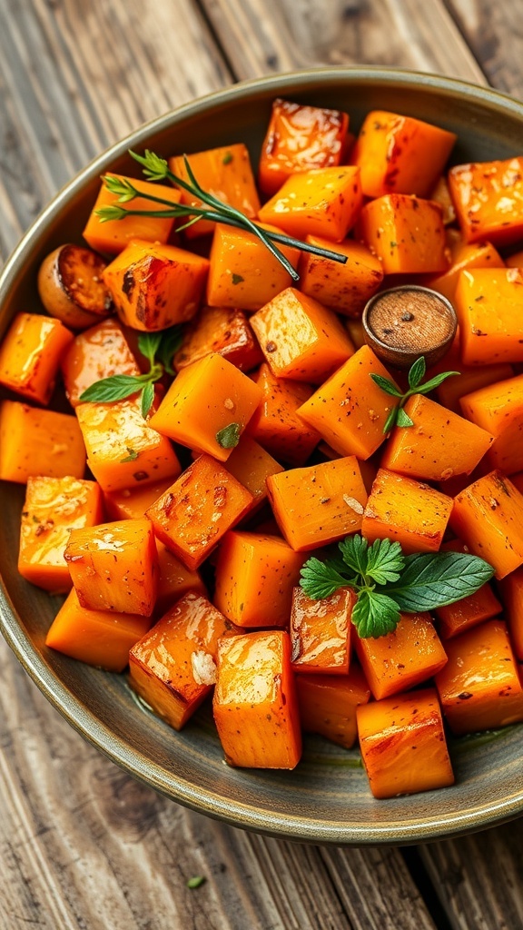 A plate of golden roasted sweet potatoes garnished with herbs on a wooden table.